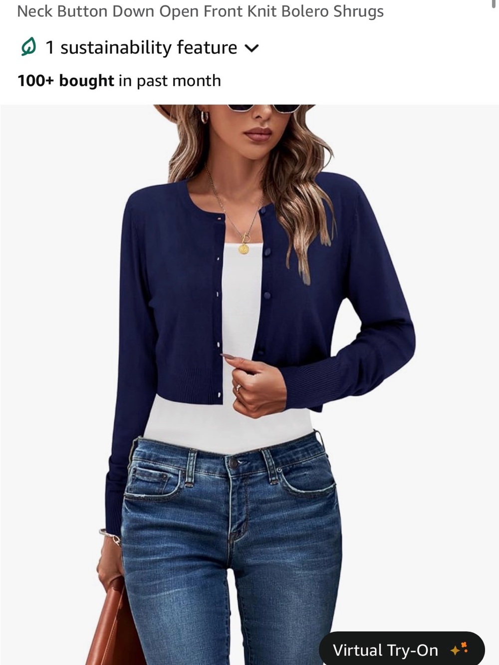 Amazon Women's Navy Button-Front Cropped Knit Cardigan